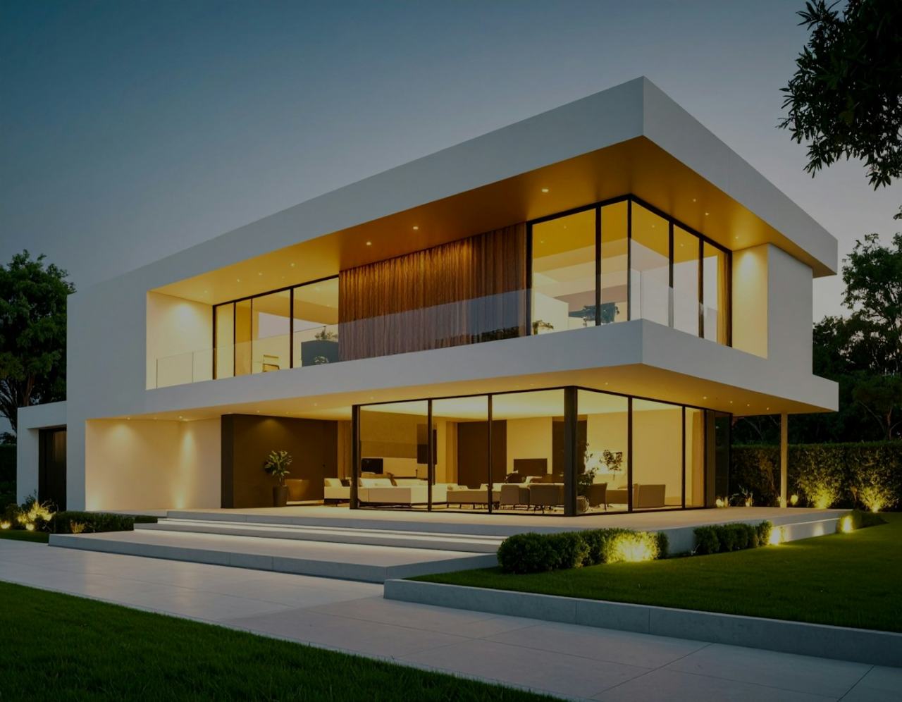 Modern family house with a pool at dusk